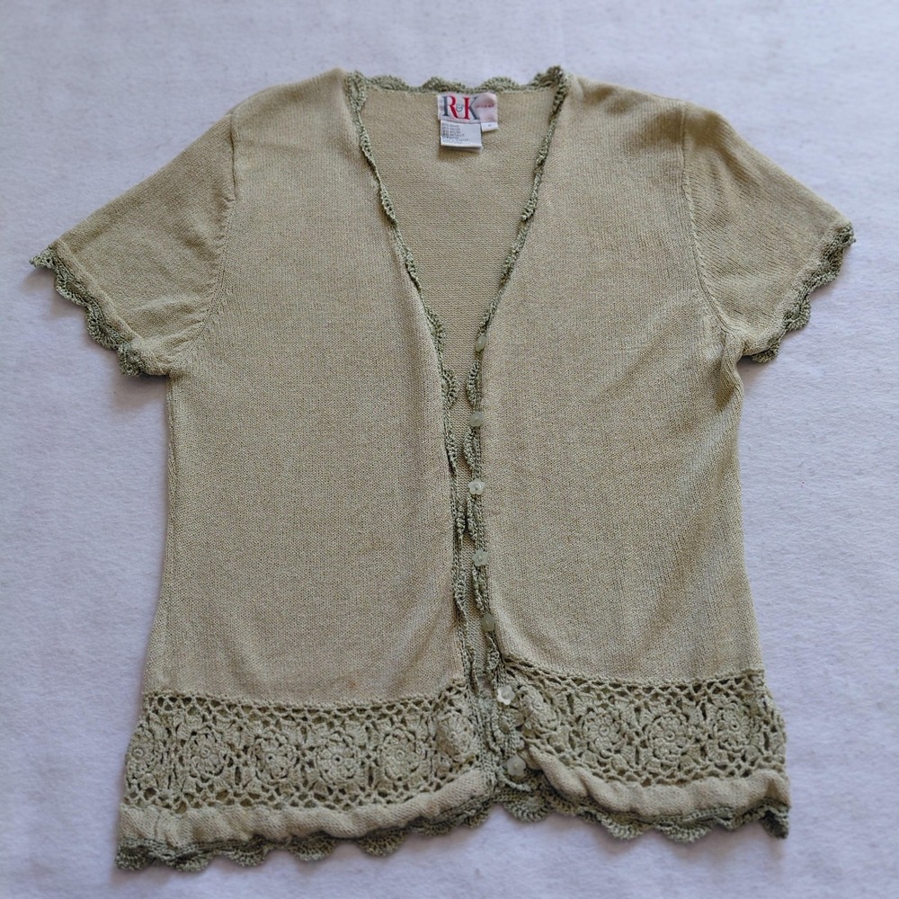 R&K Originals Lace Trim Cardigan Top Women Sage Green Size 8 Crochet Ramie Rayon